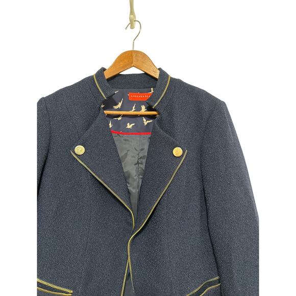 Lorenza Blau Lined Blazer 30 Navy Blue Gold Zip Trim Classic Preppy Coastal - Picture 2 of 16